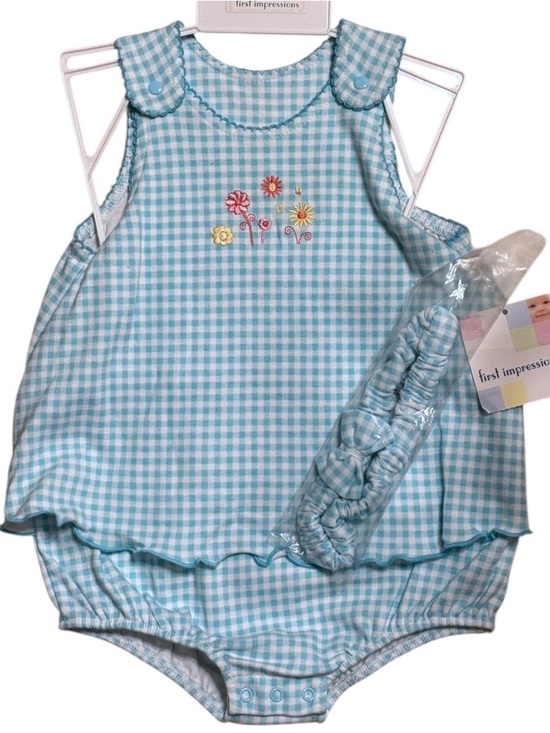First Impressions Other - Vintage First Impressions Baby Girl Bubble Romper 6-9M Blue Gingham NWT Floral